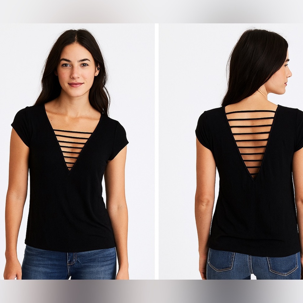 American Eagle Soft & Sexy Black Strappy V-Neck Tee Women’s Small | Cutout sz S